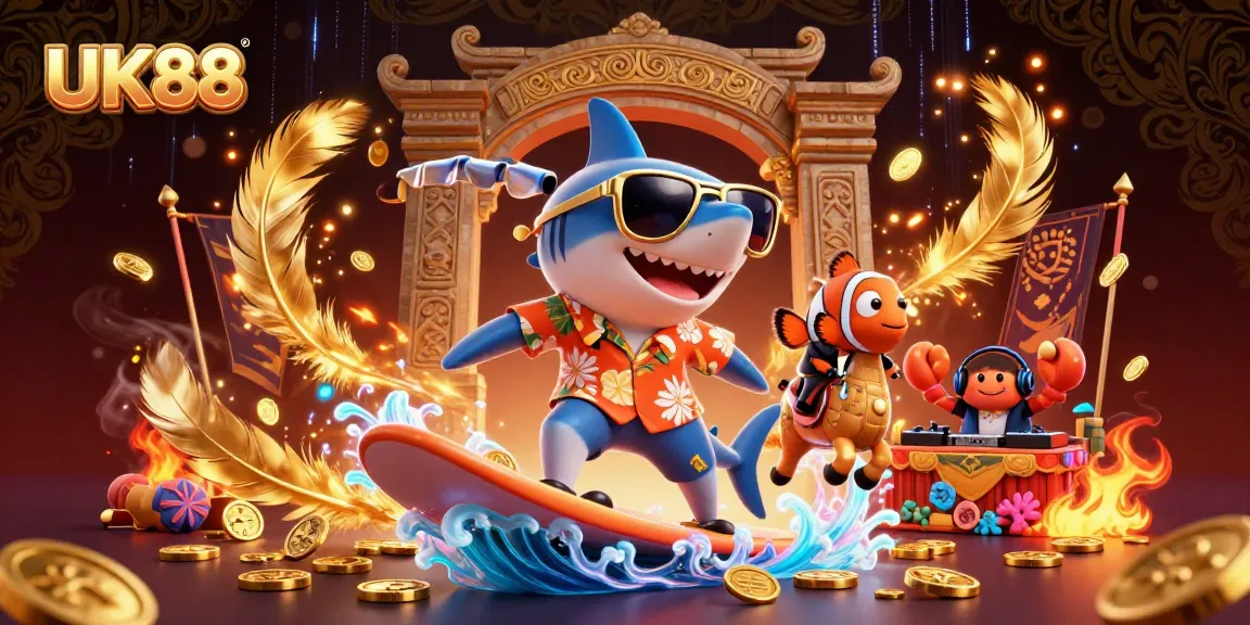 Experience thrilling gaming at UK88 with a shark, clownfish, and crab DJ on a treasure wave.