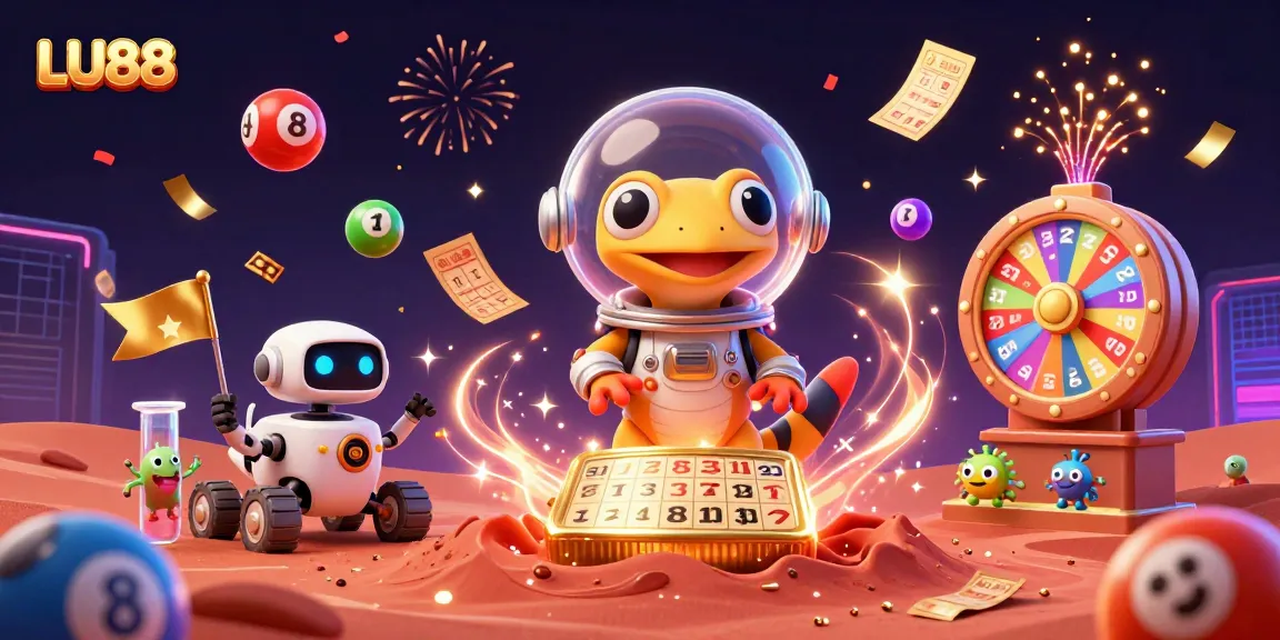 LU88 casino adventure with a Martian gecko and robot rover exploring riches among joyfully bouncing lottery balls.
