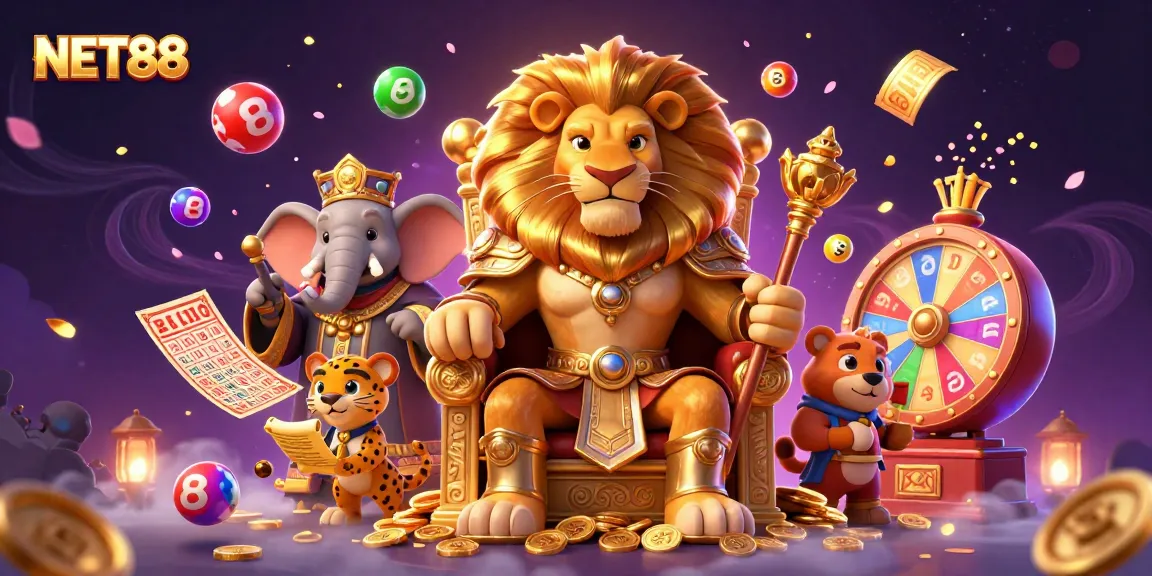Experience the excitement of NET88 with a vibrant casino scene featuring cartoon characters and lottery elements.