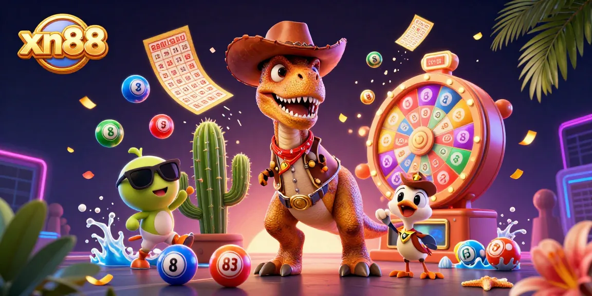 Experience thrilling fun with xn88 as the cowboy dinosaur T-Rex and friends play vibrant casino games with colorful lottery elements.