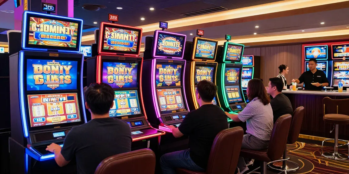 Players engaged in bonus buy slots at a lively casino with vibrant slot machines.