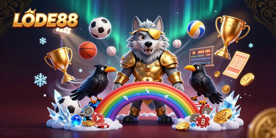 Experience the excitement of LODE88 with a vibrant 3D illustration showcasing sports elements, Odin, and ravens.