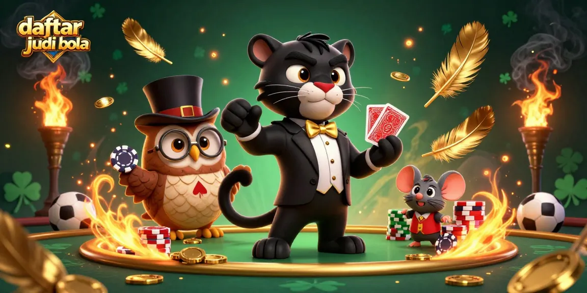 Explore daftar judi bola with a cartoon black panther dealing cards and owl holding poker chips.
