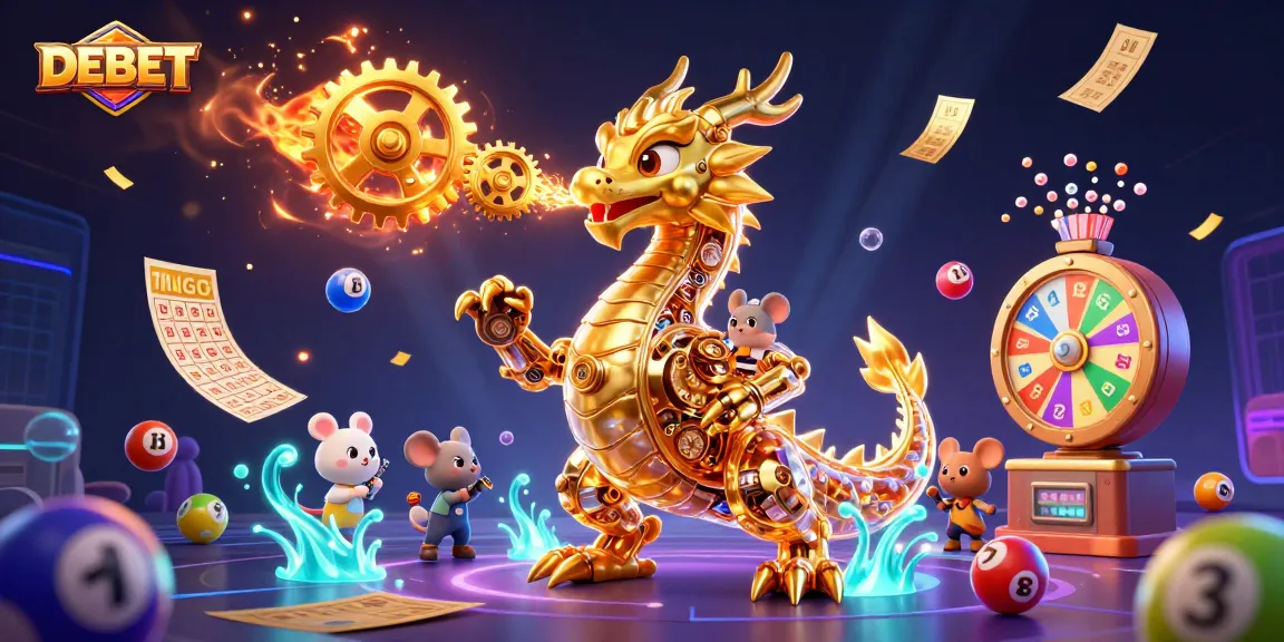 DEBET's vibrant 3D illustration showcasing a golden dragon breathing gears amid dynamic casino elements.