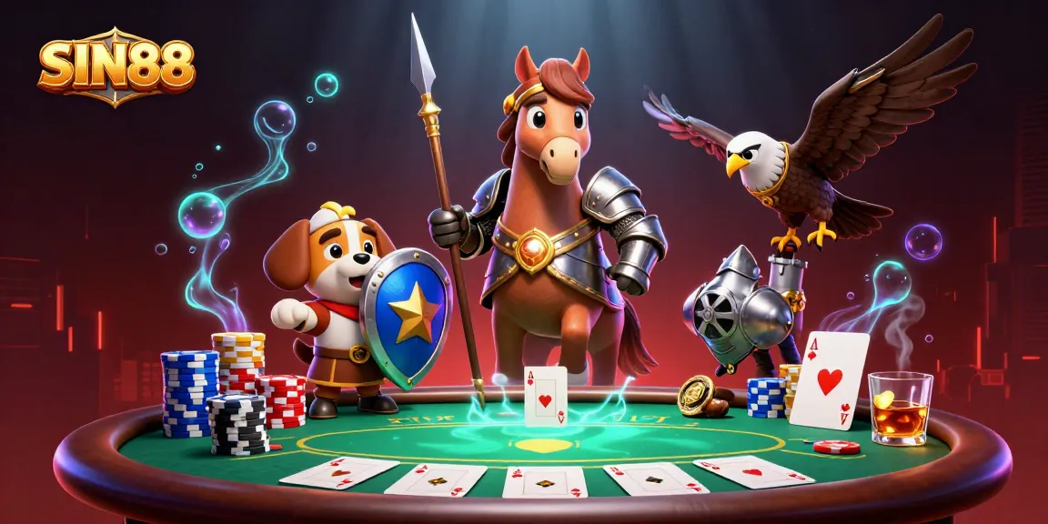 SIN88 showcases a medieval knight horse participating in a vibrant poker scene filled with colorful chips and cards.