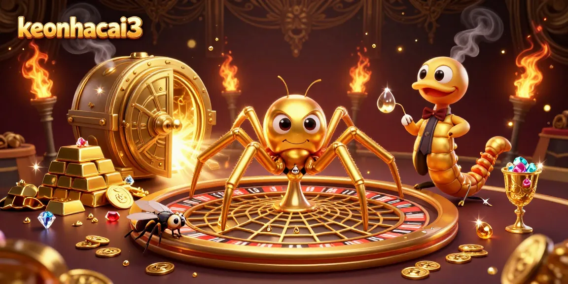 keonhacai3 promotes exciting betting with a golden spider crafting a roulette web, as a fly prepares to stake bets.