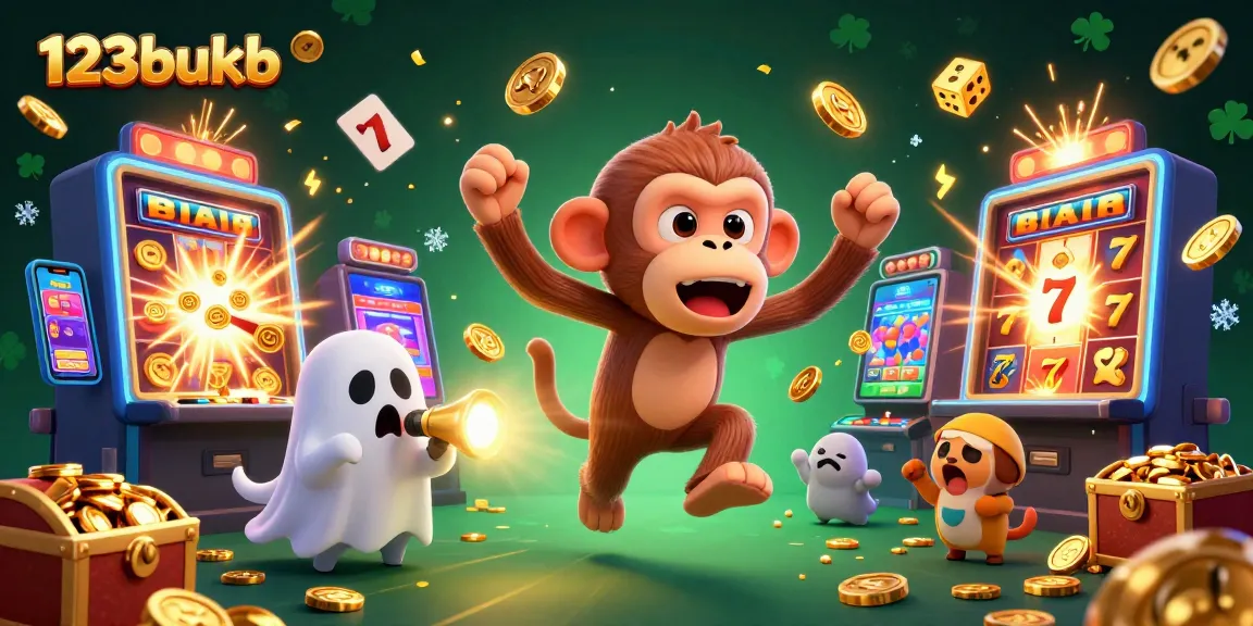 Experience thrilling wins at 123bukb, showcasing a dynamic casino scene with vibrant slot machines and engaging characters.