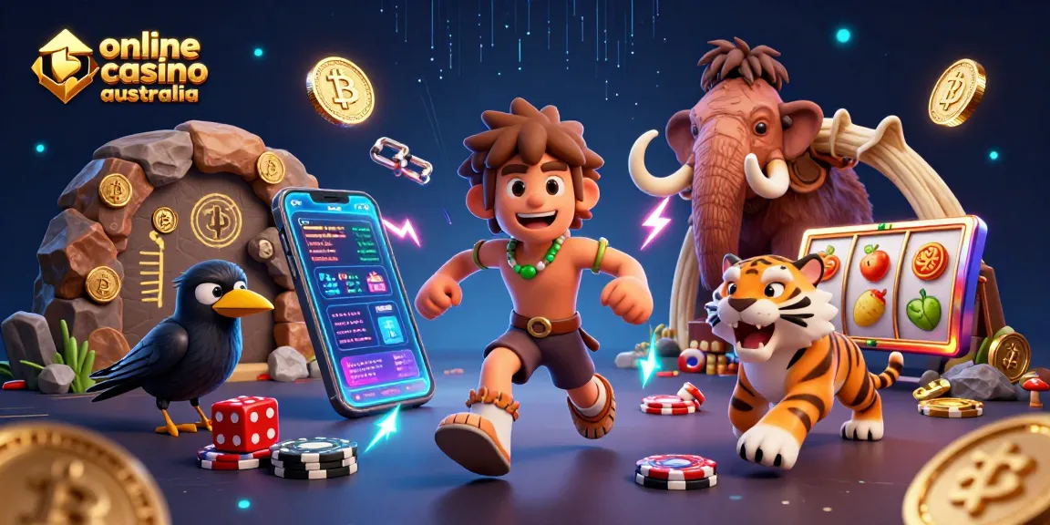 Engage with the vibrant online casino australia scene featuring cavemen and neon elements.