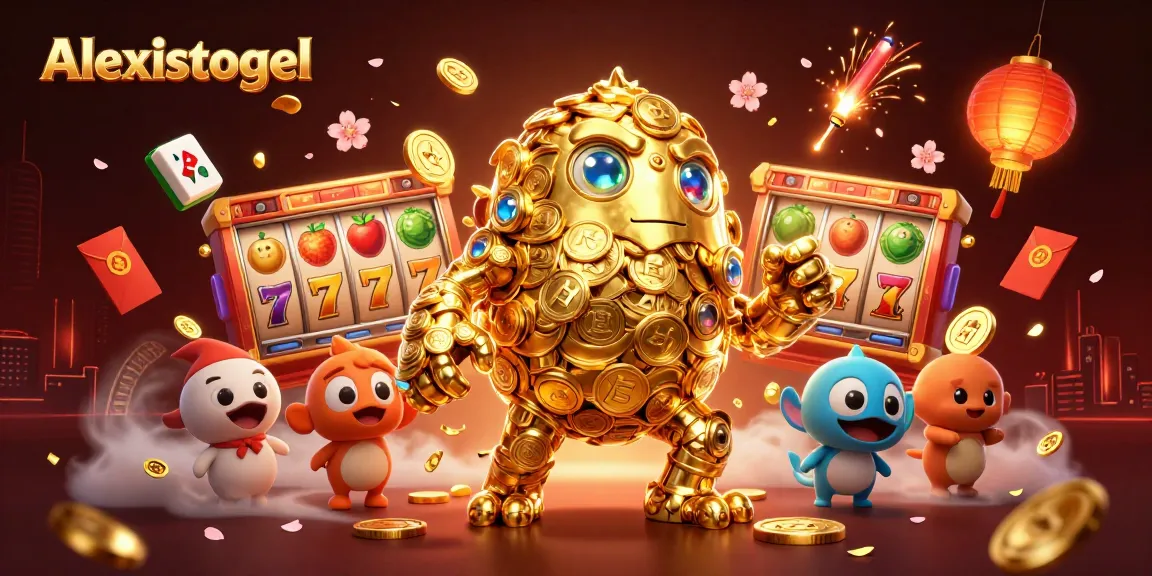 Alexistogel menghadirkan golem emas kuno dan elemen slot yang bersinar dalam ilustrasi yang megah.