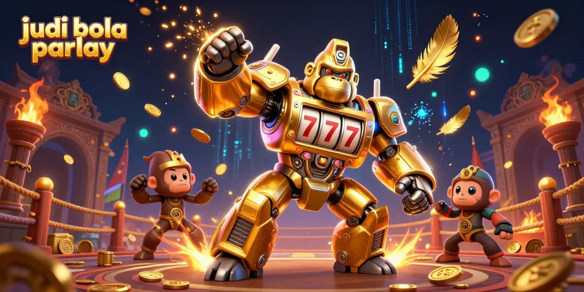 Engage in judi bola parlay with a vibrant 3D illustration of an animated mech showcasing dynamic sports betting elements.