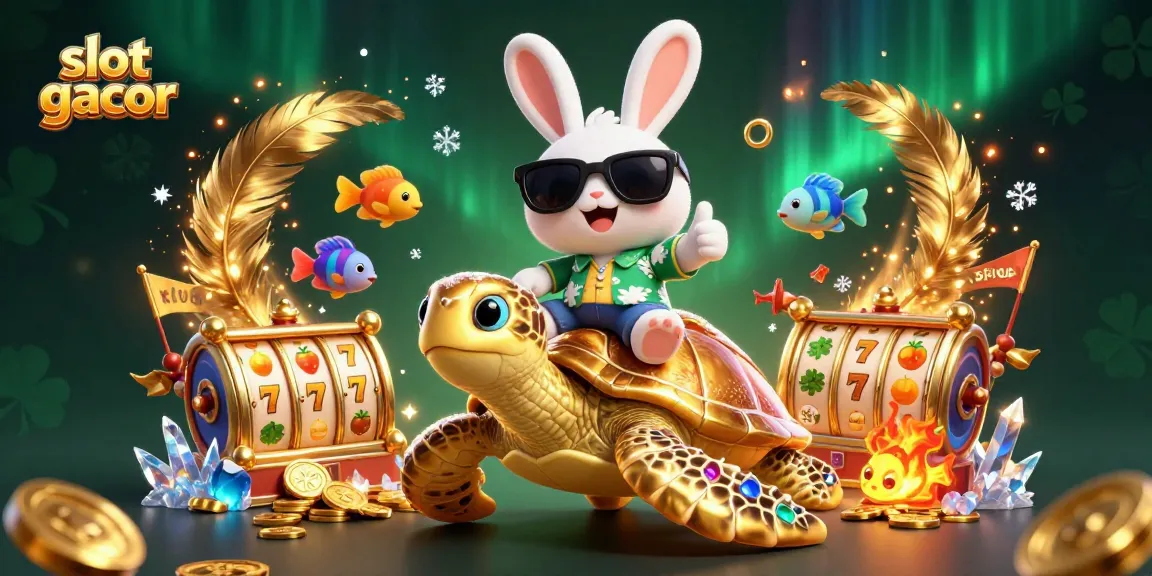 Menangkan slot gacor dengan kelinci keberuntungan dan penyu emas dalam ilustrasi warna-warni penuh detail.