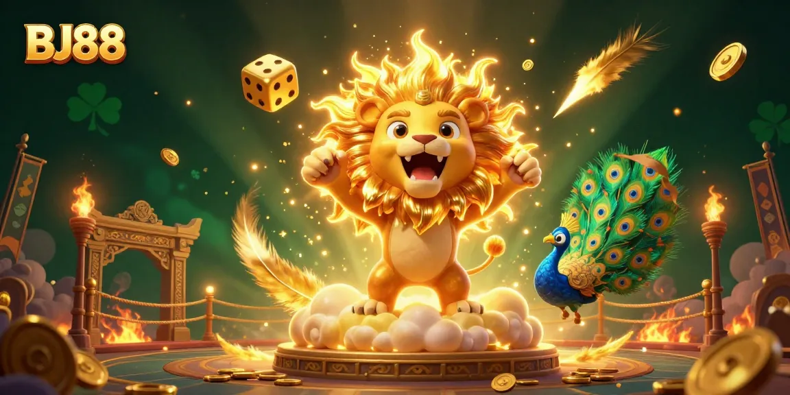 Experience the excitement of BJ88 with an illustration of a roaring lion amidst golden dice and colorful casino themes.