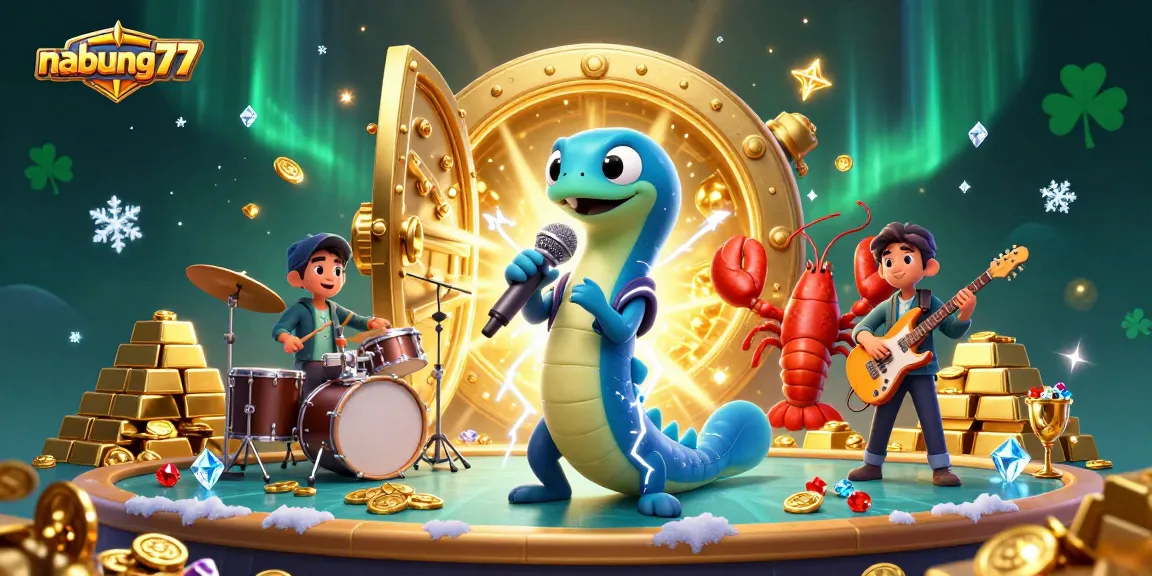 Experience winning with nabung77's electrifying casino entertainment, featuring vibrant underwater characters and treasure.
