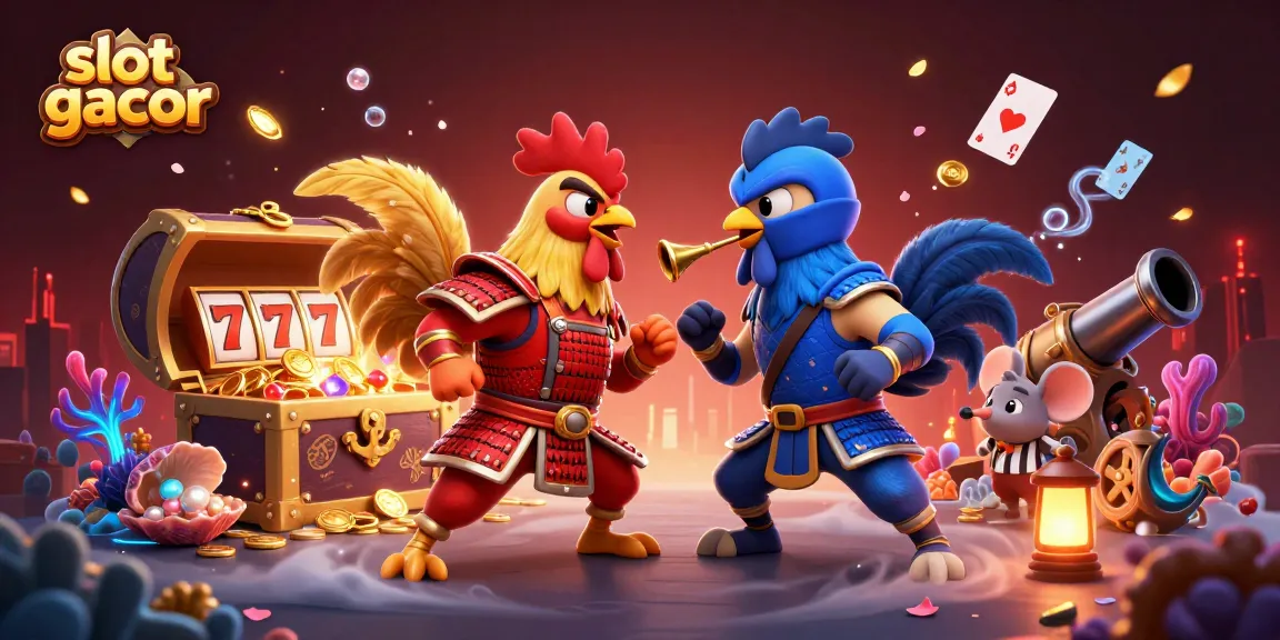 Experience the excitement of slot gacor with animated roosters and vibrant casino elements.