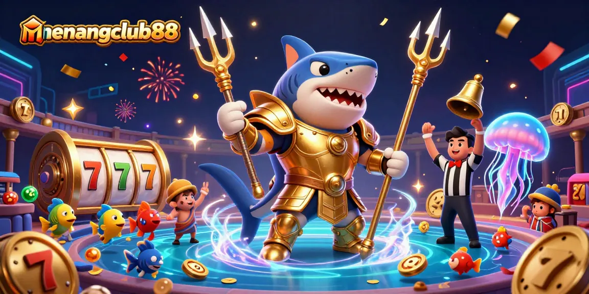 Experience the thrill of gaming with menangclub88 in this vibrant underwater casino scene featuring a golden tiger shark and slot reels.