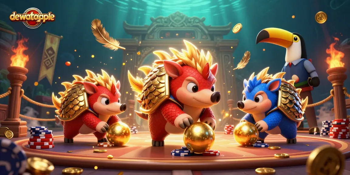 Pangolin berwarna merah dan biru bermain gaple di DEWATAGAPLE dengan chip poker dan emas mengelilingi mereka.