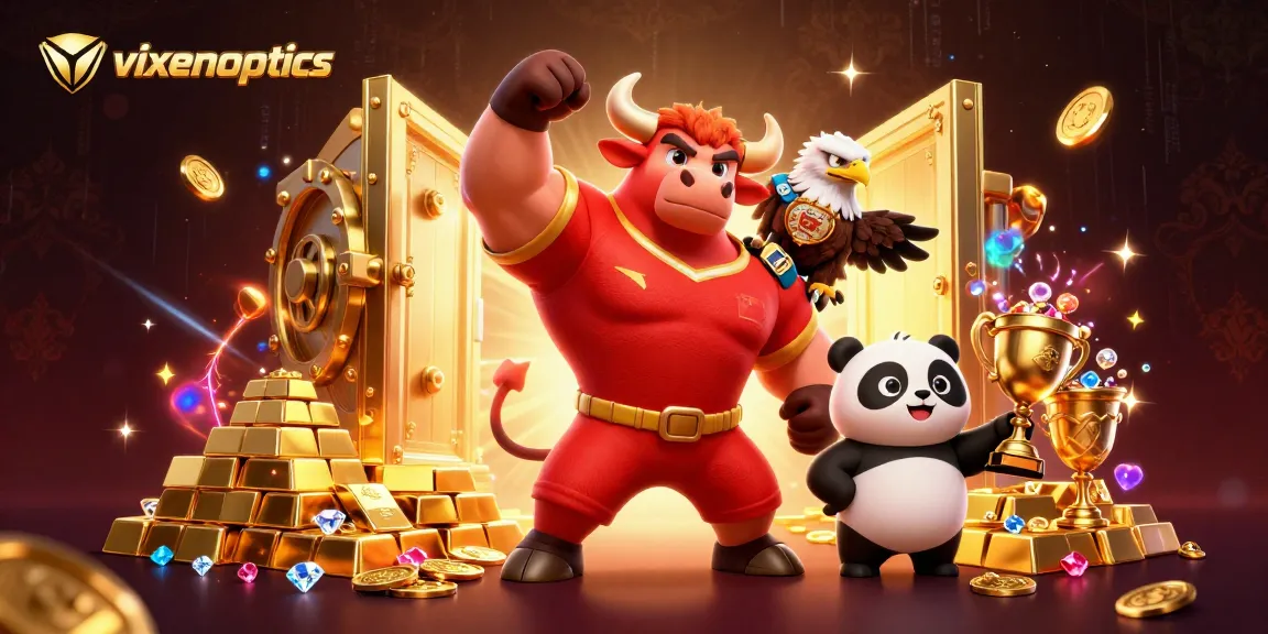 Experience excitement at vixenoptics with a triumphant bull, eagle, and panda amidst a treasure-filled casino