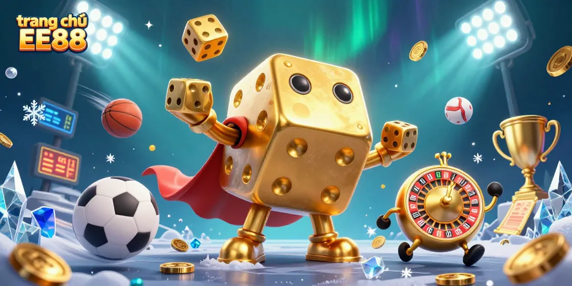 Experience the thrilling world of trang chủ EE88 as golden dice and dynamic sports elements come to life in a captivating scene.