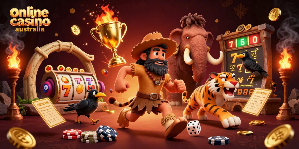 Experience the vibrant atmosphere of online casino australia with a cartoon caveman duo and dynamic slot elements.